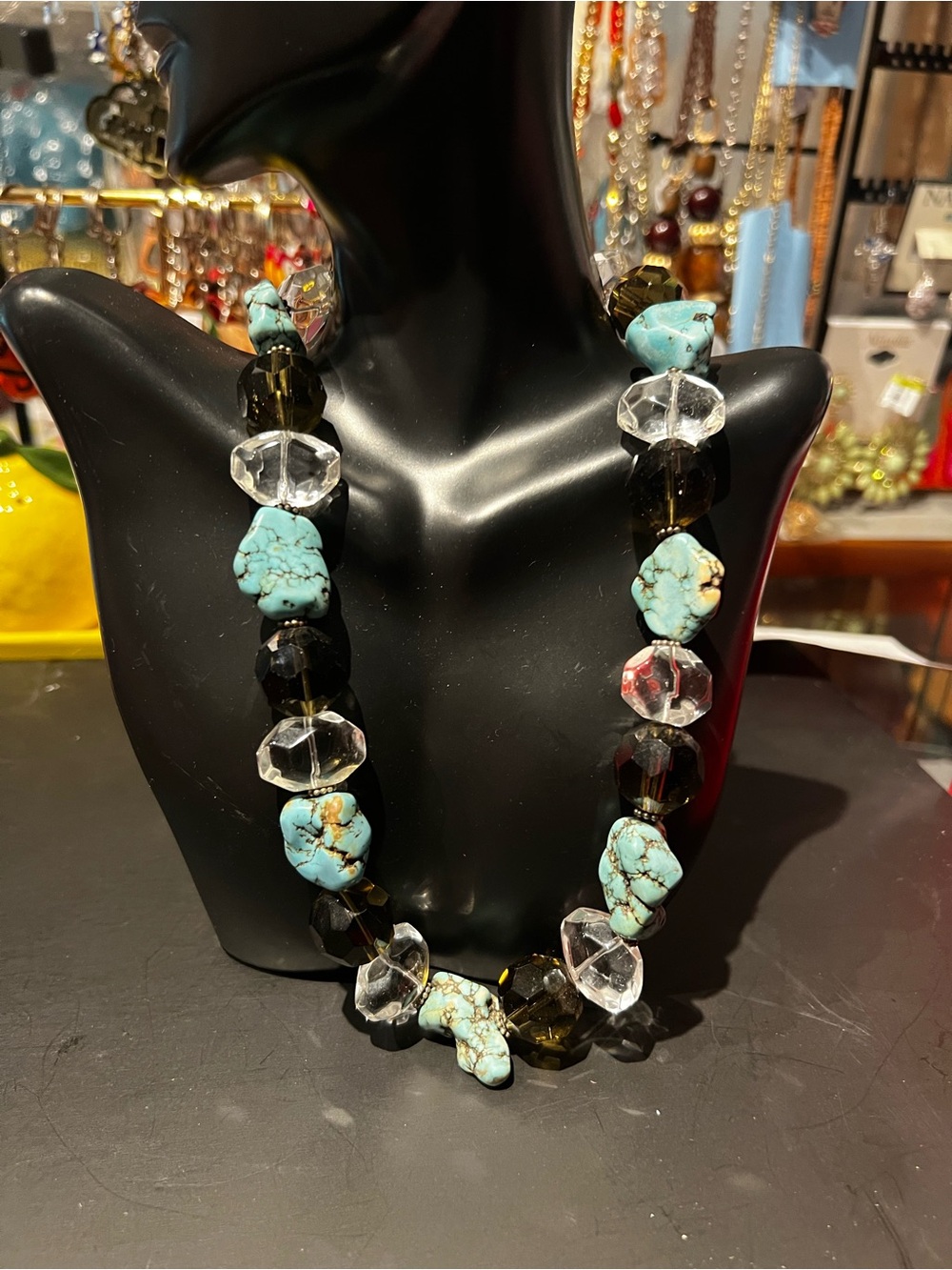 Turquoise Nugget and Faceted Crystal Statement Necklace - Unbranded